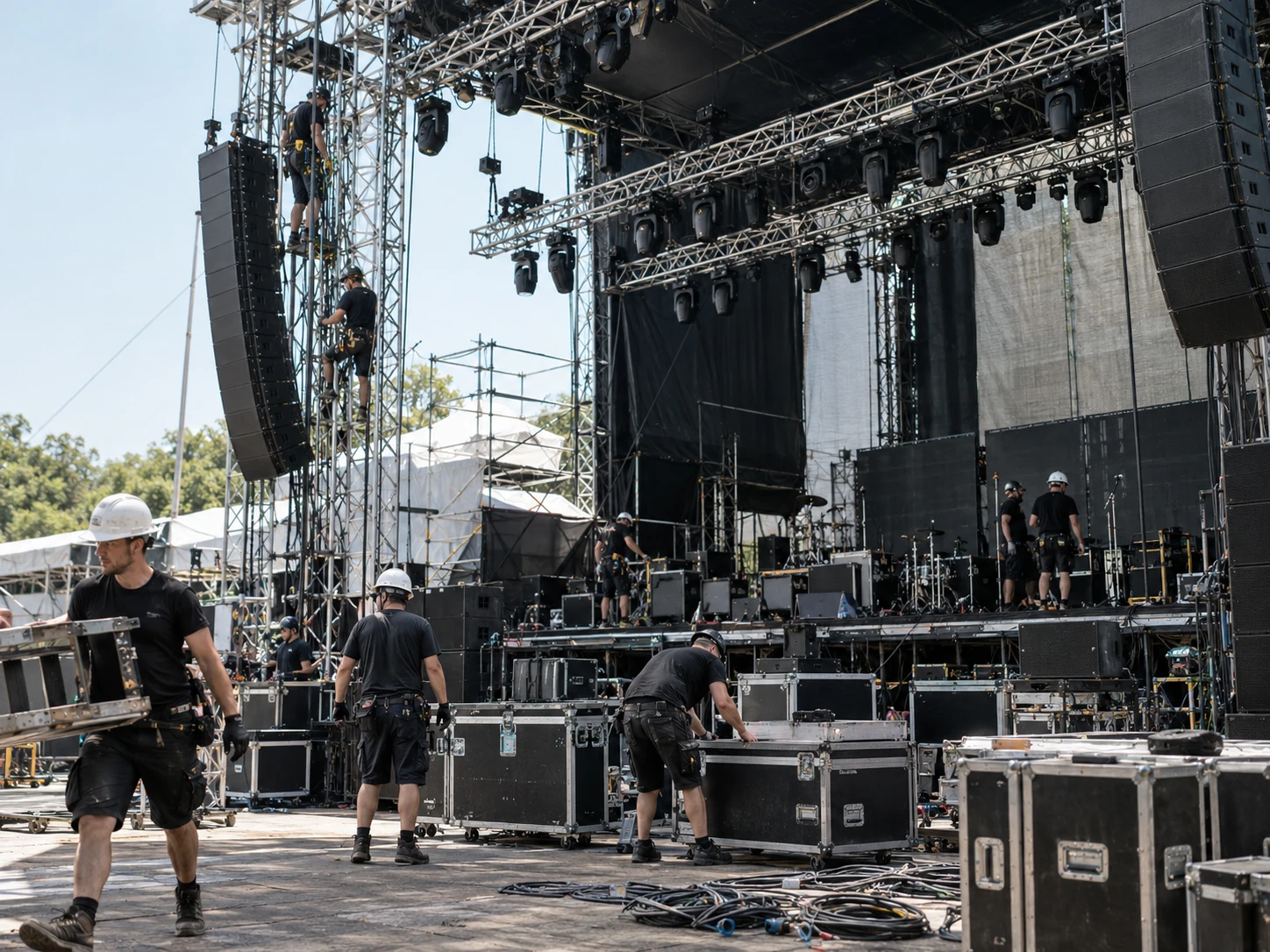 Techniciens en train de monter une scène de concert pour un festival