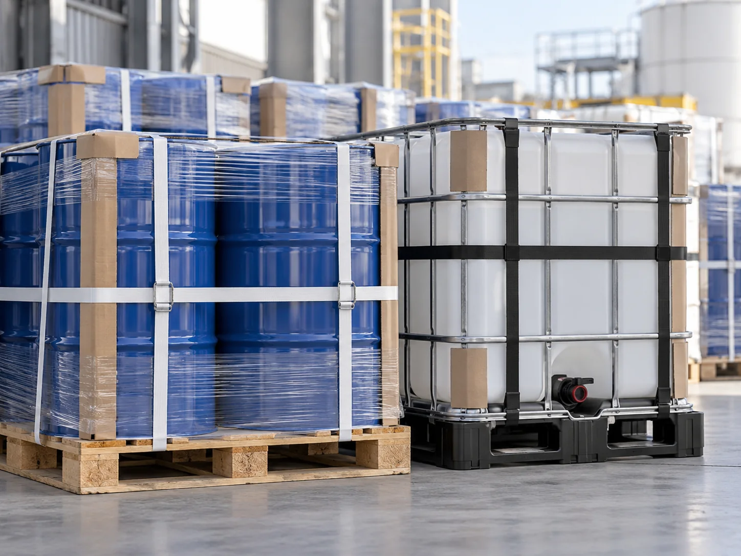 Fûts bleus et cuve IBC sécurisés pour le transport industriel