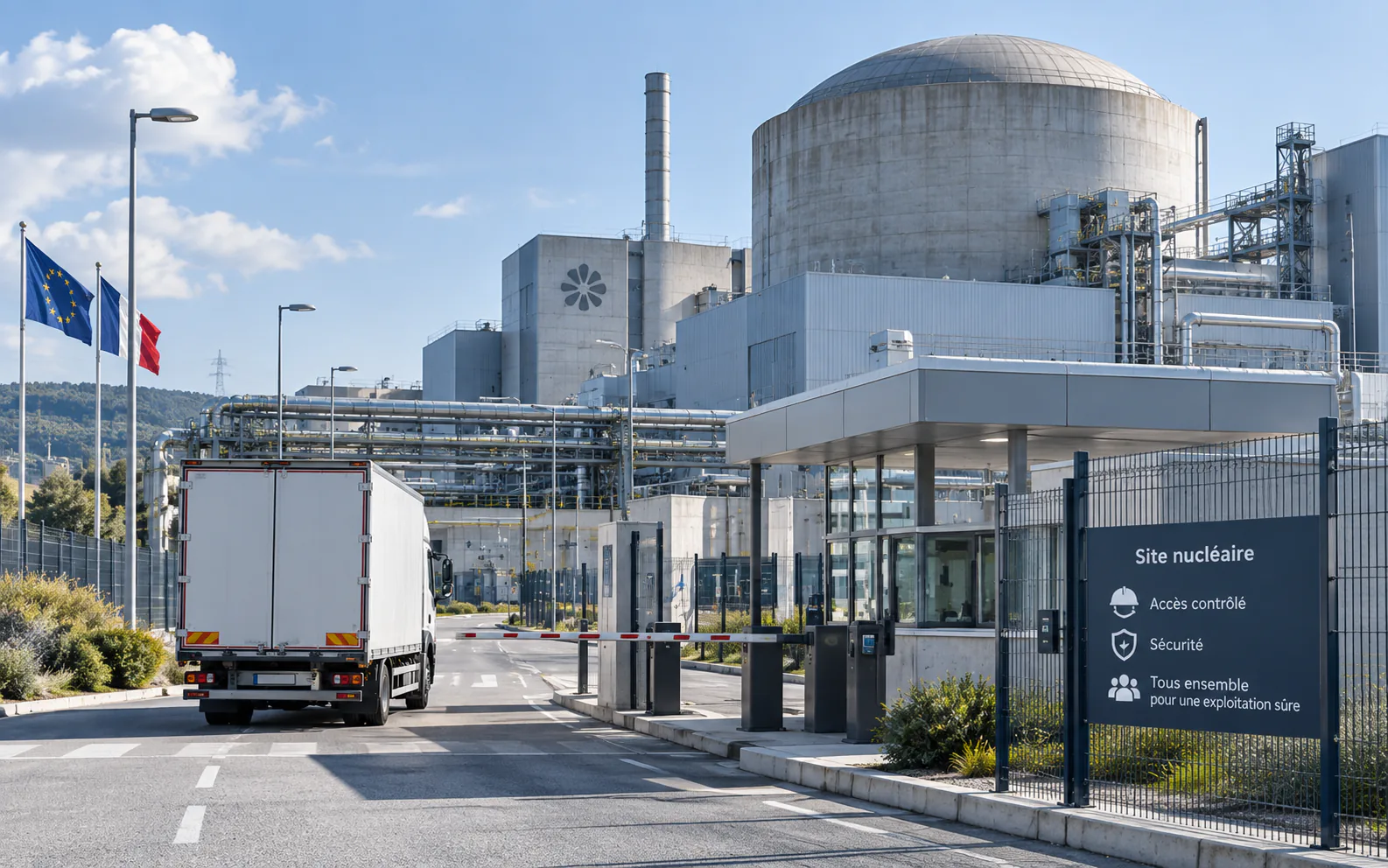 Entrée sécurisée d’un site nucléaire avec camion de livraison