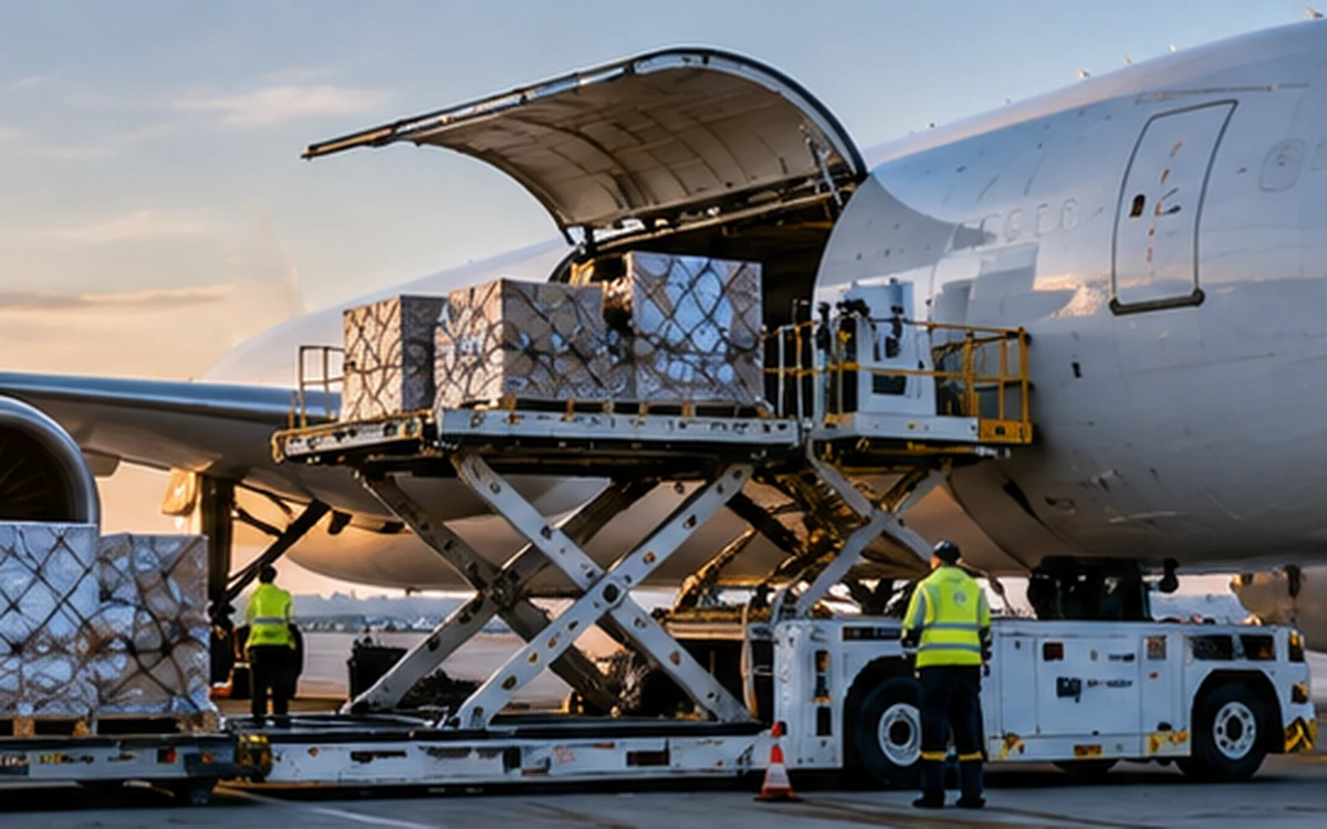 Chargement de palettes de fret dans un avion cargo pour un transport aérien international