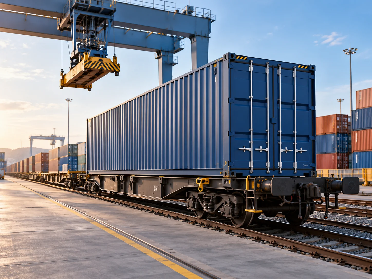 Conteneur complet FCL chargé sur un train de fret dans un terminal intermodal