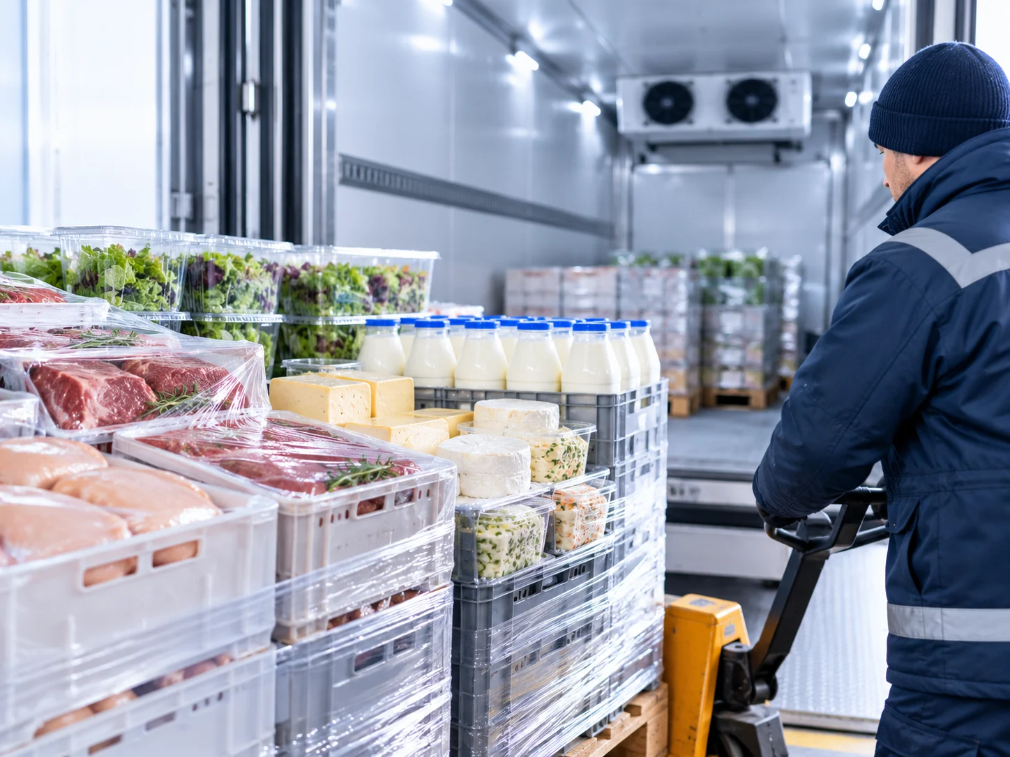 Palettes de produits frais chargées dans un camion frigorifique