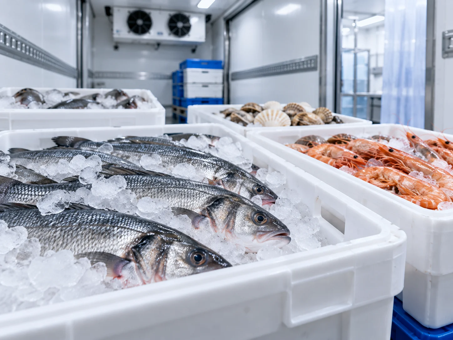Bacs de poissons et produits de la mer sur glace en environnement frigorifique