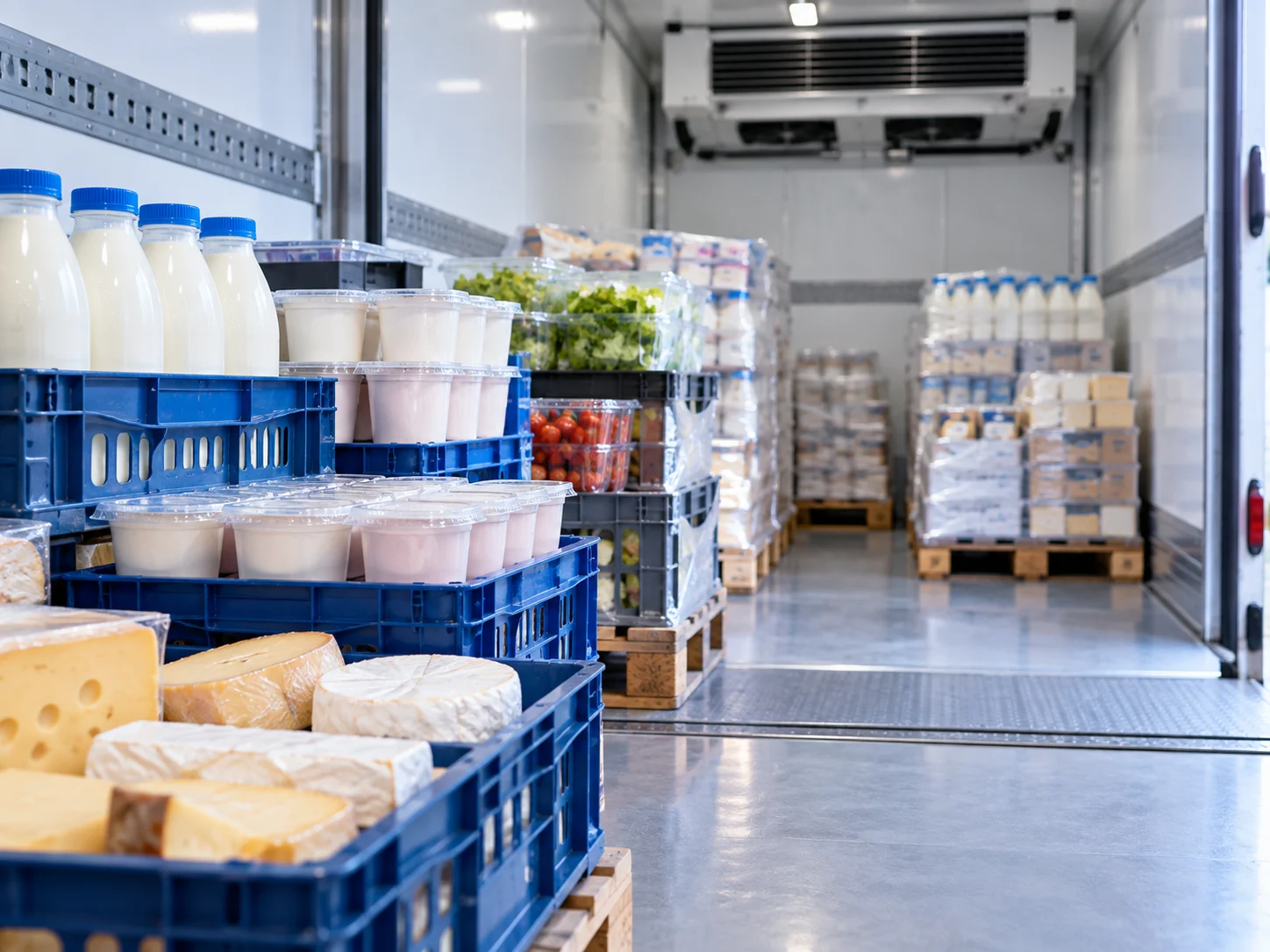 Produits laitiers et denrées réfrigérées dans une remorque frigorifique