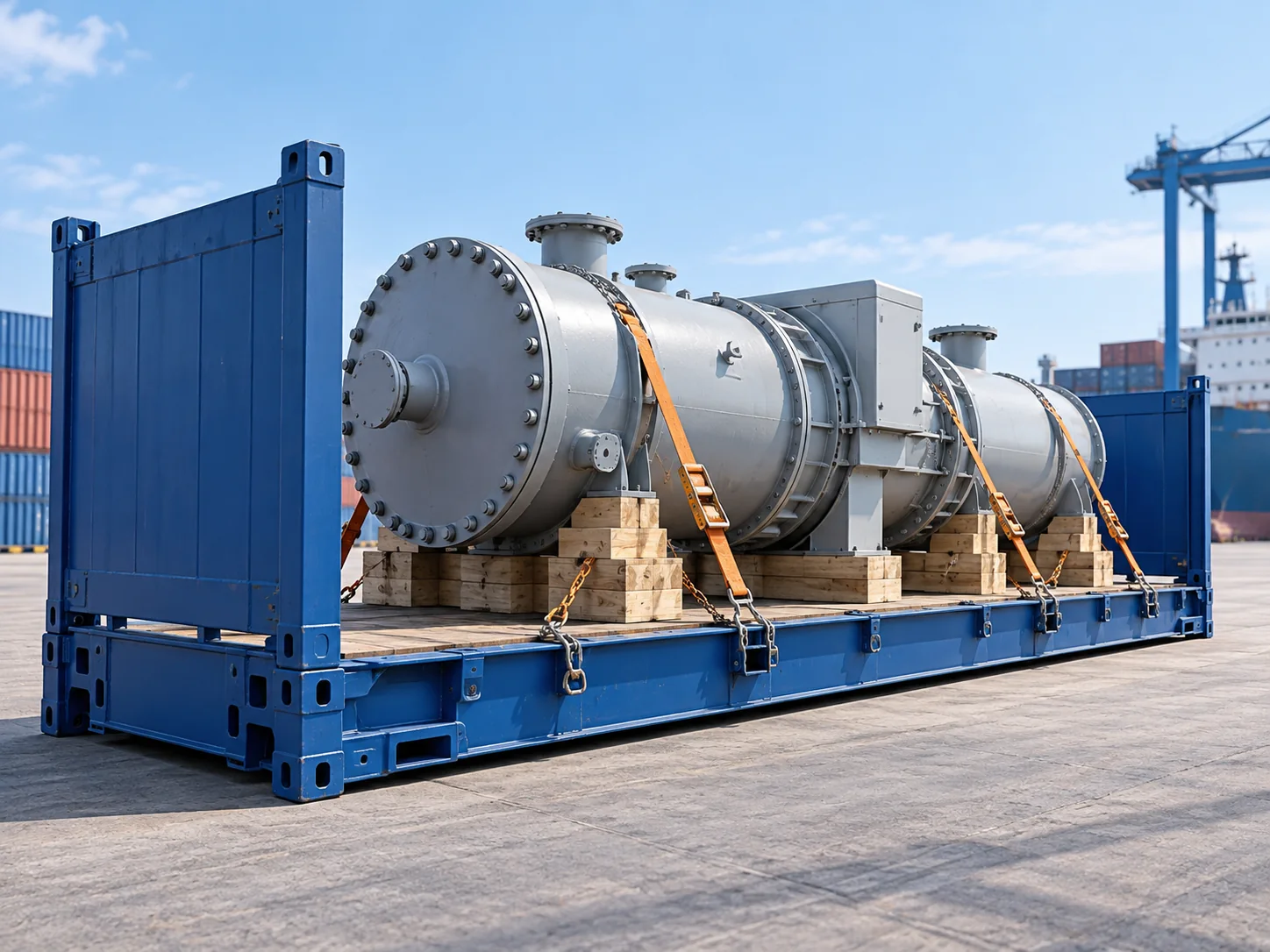 Conteneur maritime Flat Rack avec équipement industriel hors gabarit arrimé