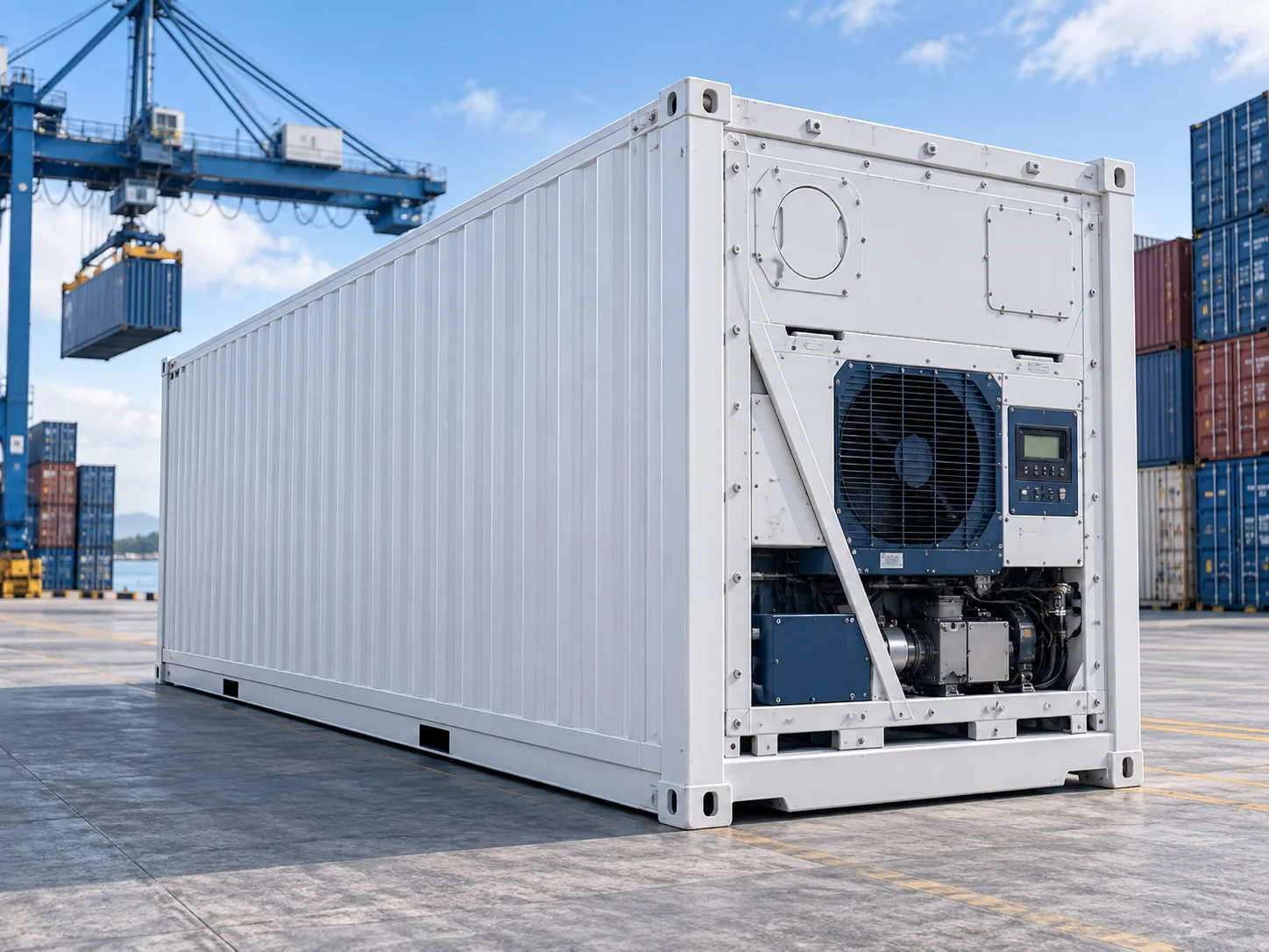 Conteneur maritime frigorifique Reefer avec groupe froid sur terminal portuaire