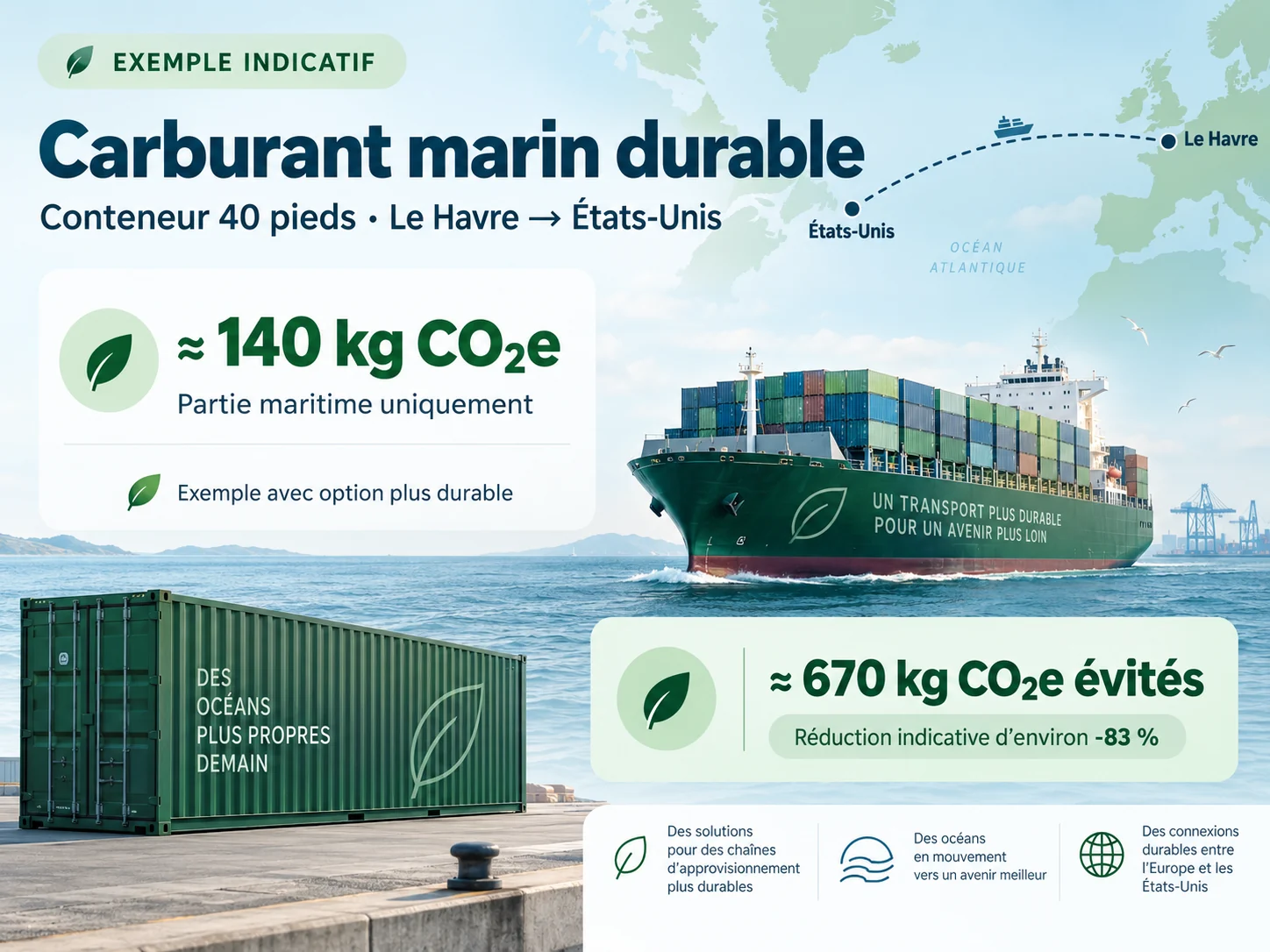 Infographie comparative d’empreinte carbone pour un conteneur maritime 40 pieds avec carburant marin durable