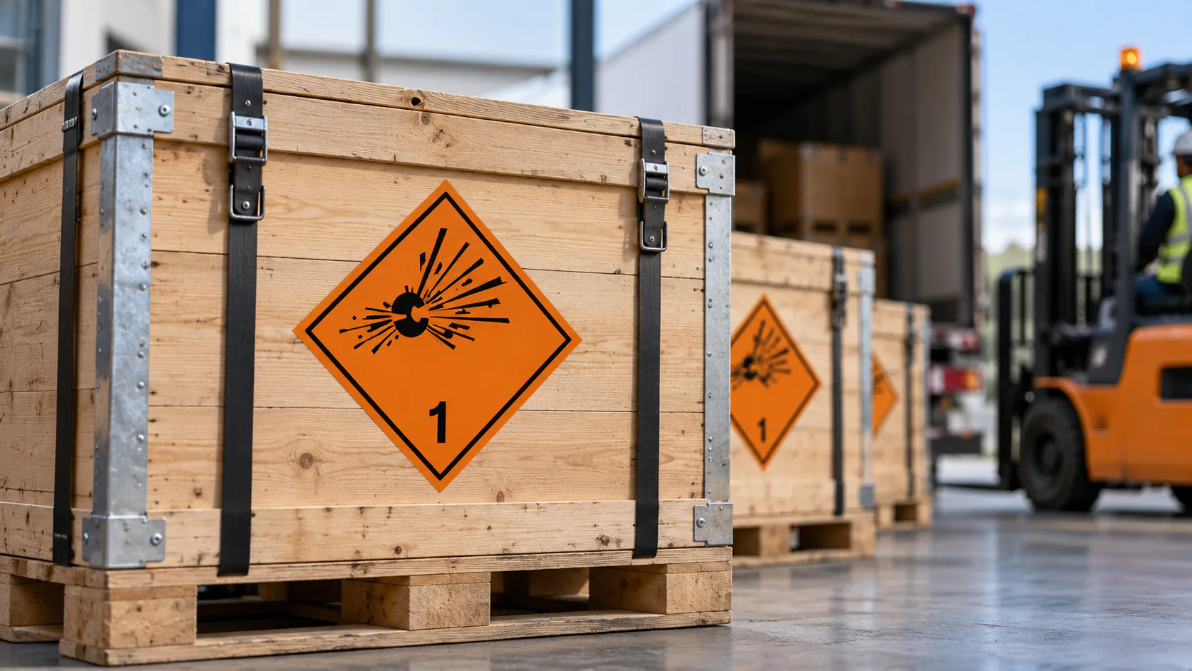 Caisses logistiques avec étiquette ADR classe 1 explosifs sur palette