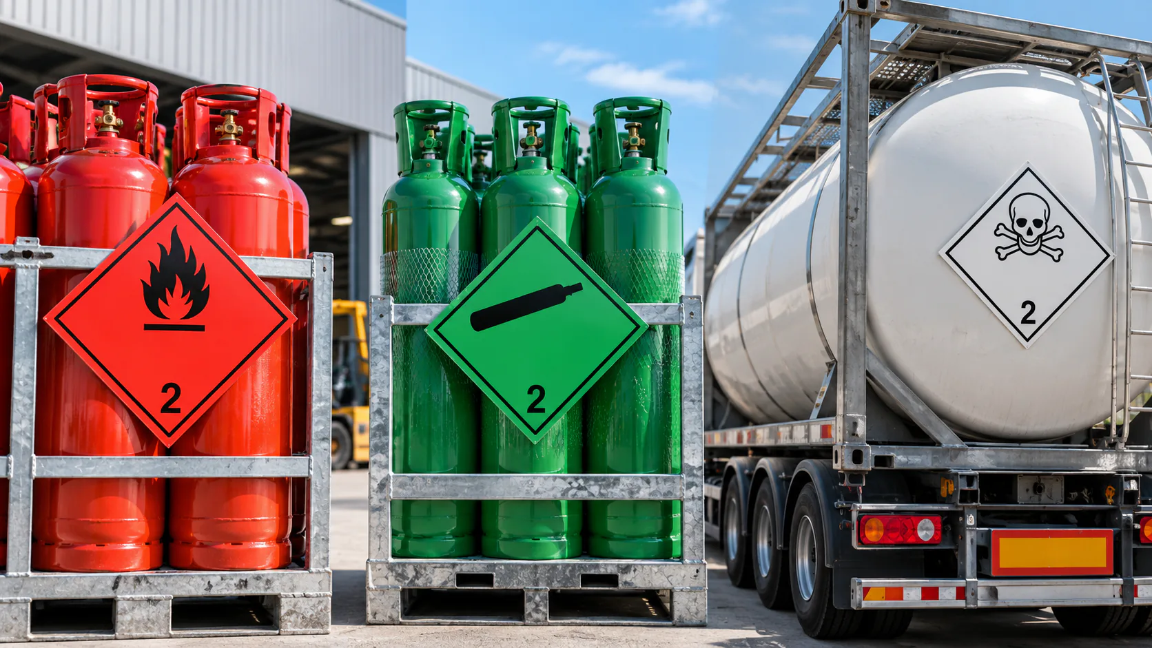 Bouteilles et citerne avec étiquettes ADR de gaz classe 2