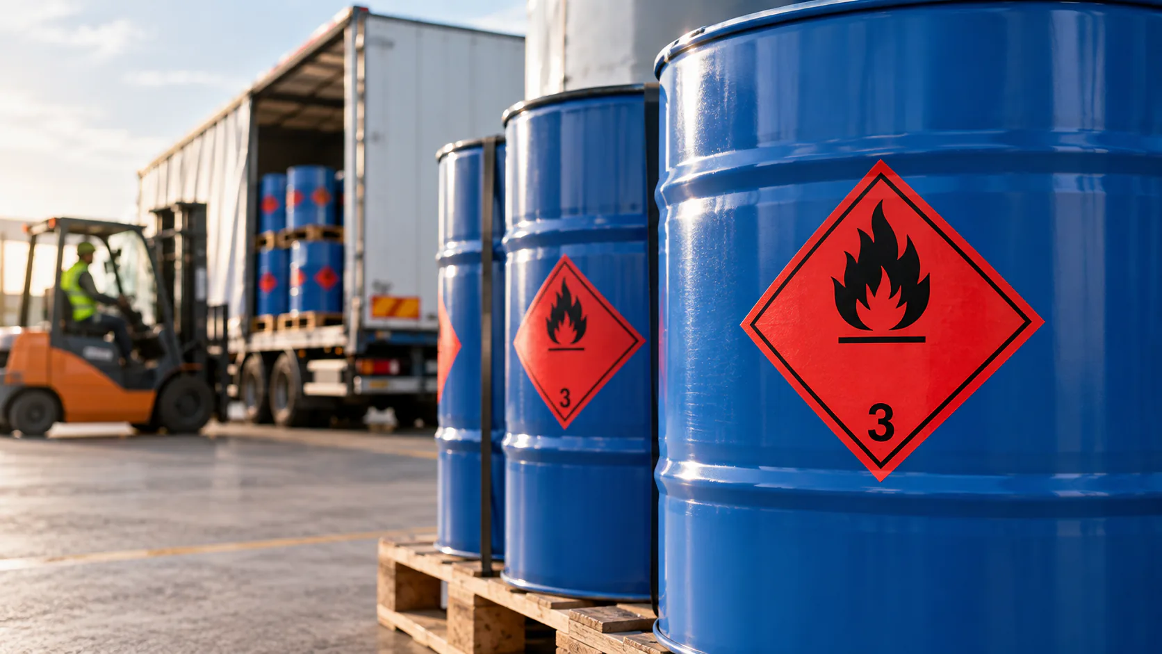 Fûts avec étiquette ADR classe 3 liquides inflammables en chargement logistique