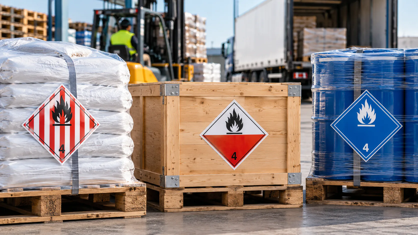 Palettes de marchandises ADR classe 4 avec étiquettes solides inflammables et risques apparentés