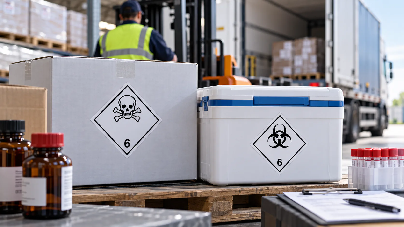 Colis et conteneur avec étiquettes ADR classe 6 toxiques et infectieuses