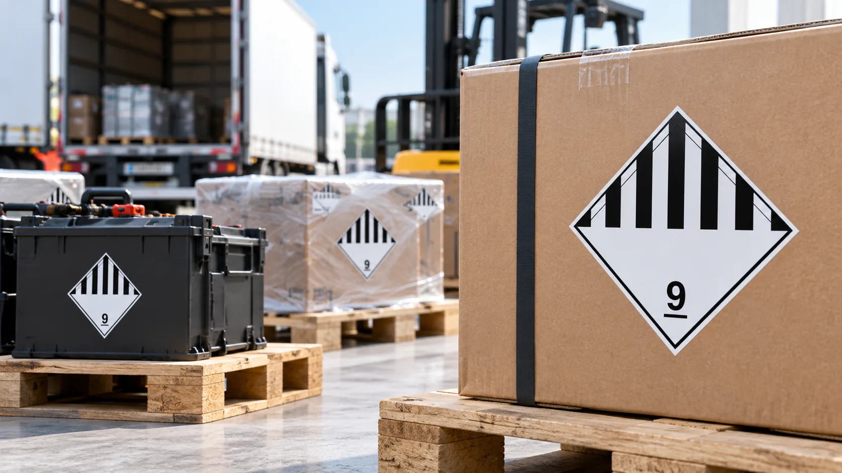 Colis et caisses logistiques avec étiquette ADR classe 9 matières dangereuses diverses