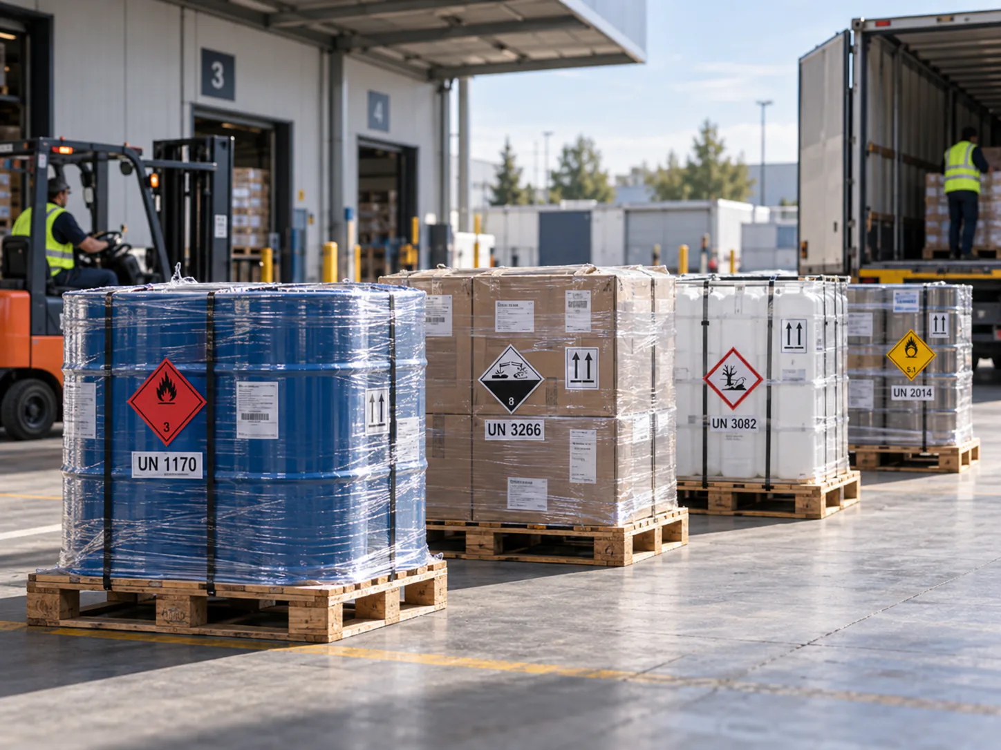 Palettes de marchandises dangereuses ADR étiquetées sur quai logistique
