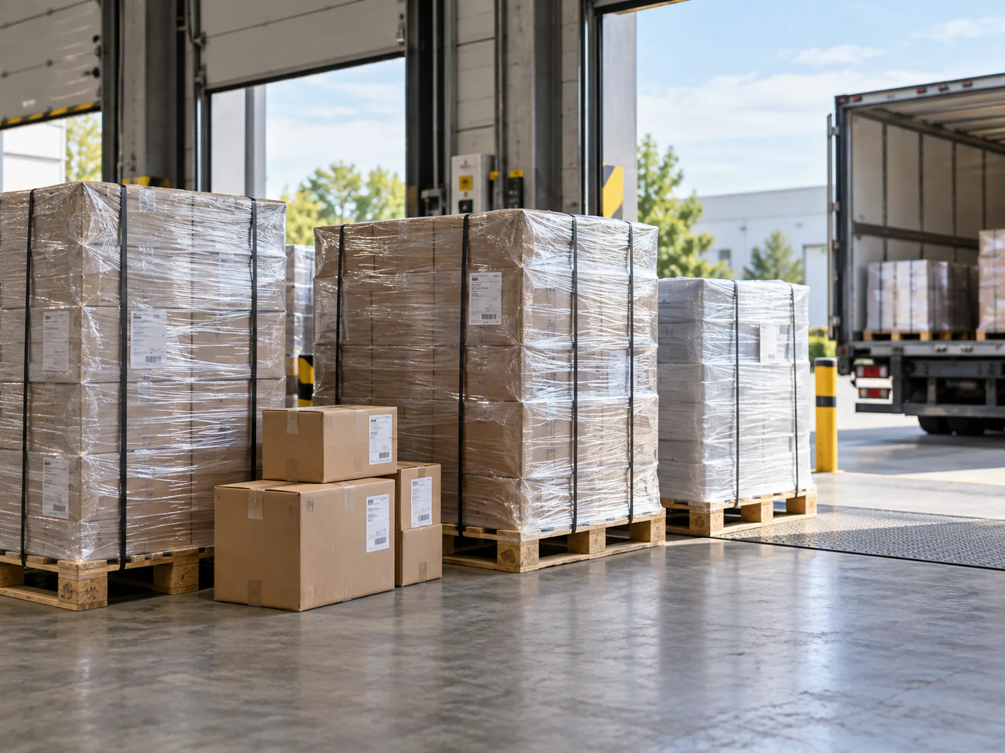Palettes filmées sur quai logistique avec colis pour le transport messagerie