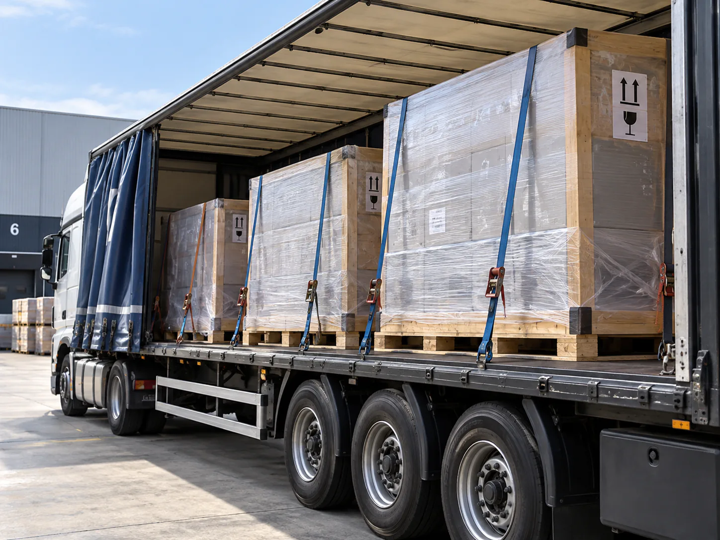 Palettes volumineuses chargées dans un camion bâché pour une solution d’affrètement