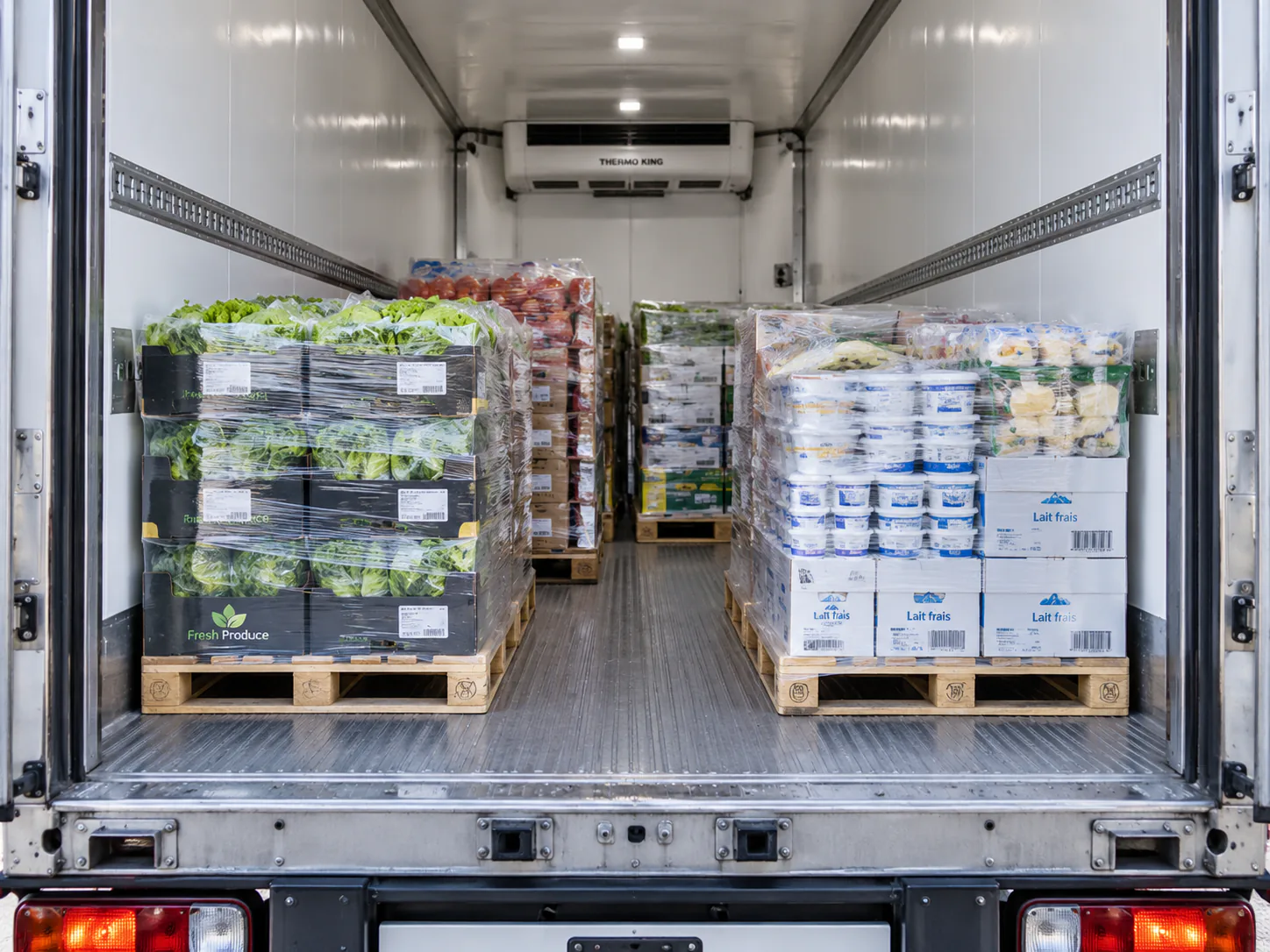Palettes de produits frais chargées dans un camion frigorifique pour une expédition en messagerie