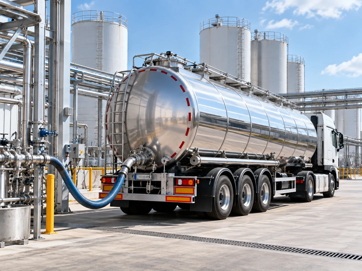 Camion citerne en inox chargé de liquides industriels compatibles sur un site industriel