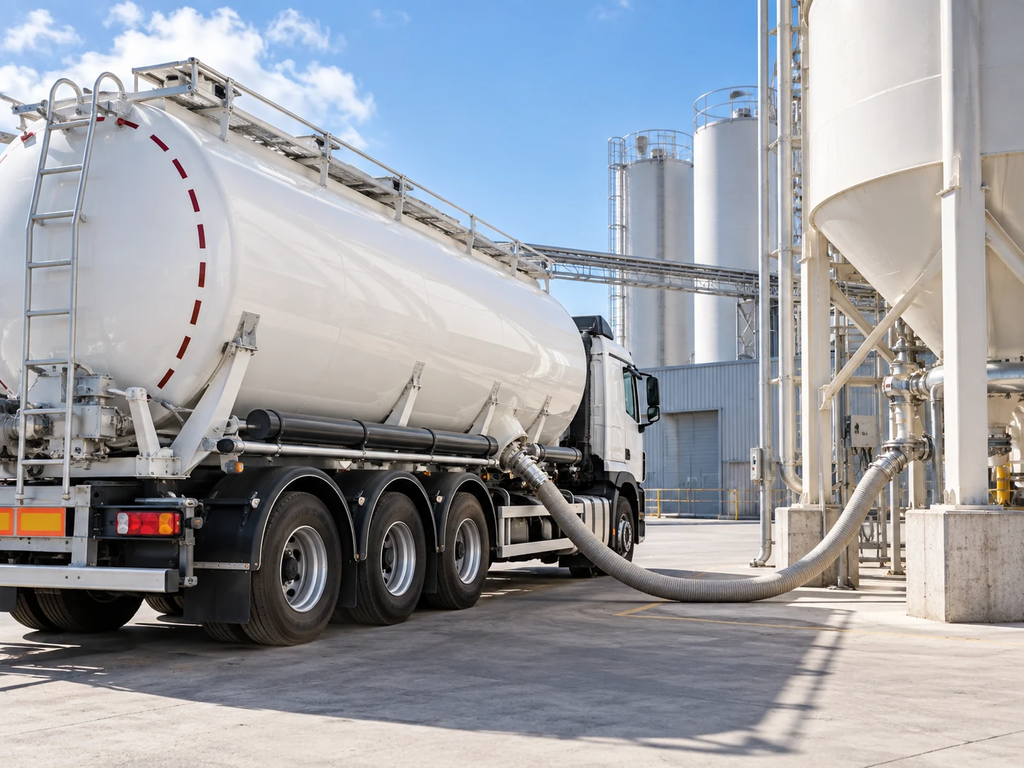 Camion citerne vrac raccordé à des silos industriels pour des poudres ou produits pulvérulents