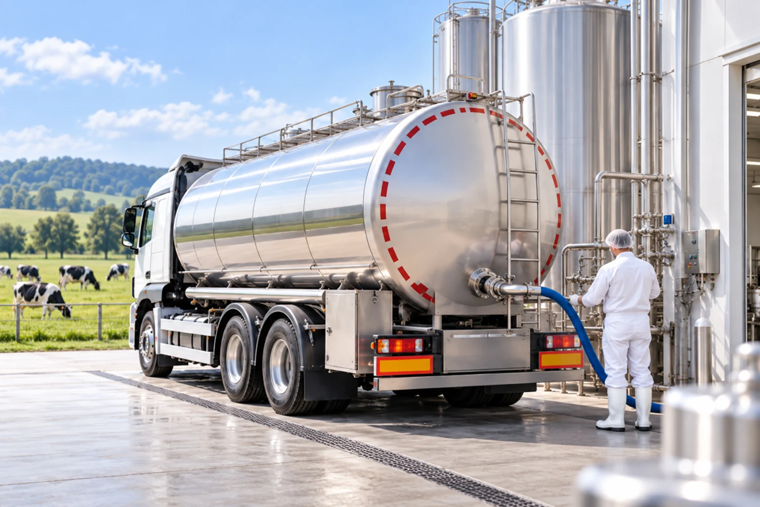 Camion citerne alimentaire pour le lait sur un site laitier avec des vaches visibles dans le champ
