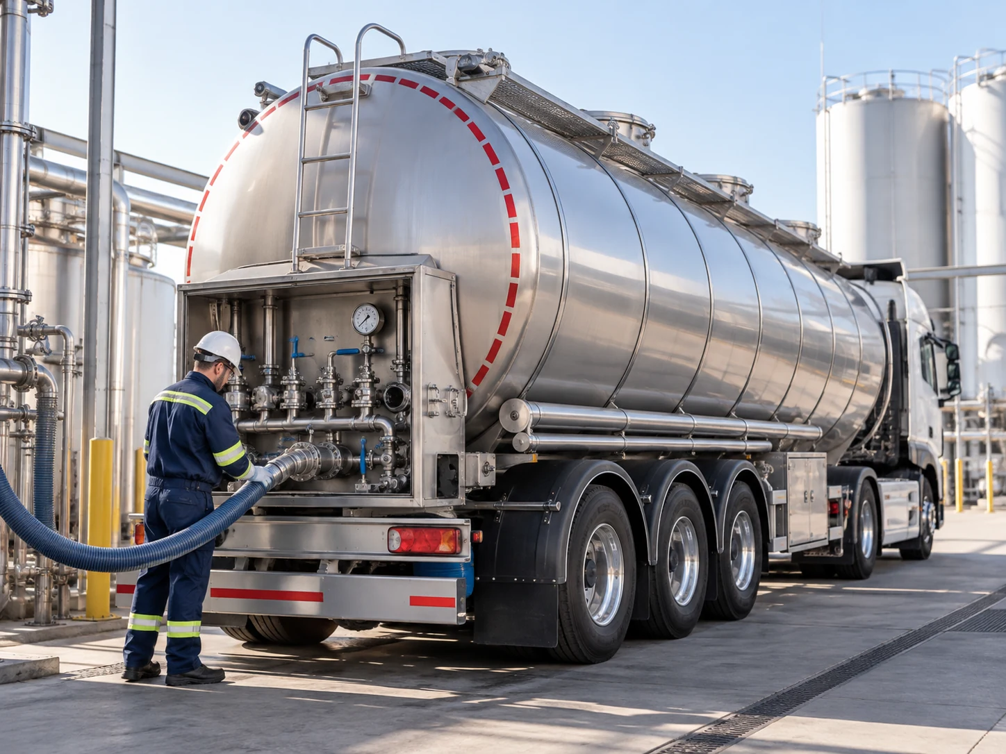 Camion citerne industriel équipé d'une cuve et d'un système de pompage adaptés au produit transporté