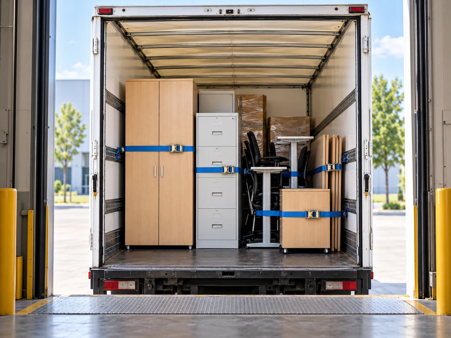 Intérieur d'un camion fourgon à quai transportant du mobilier et des équipements sanglés