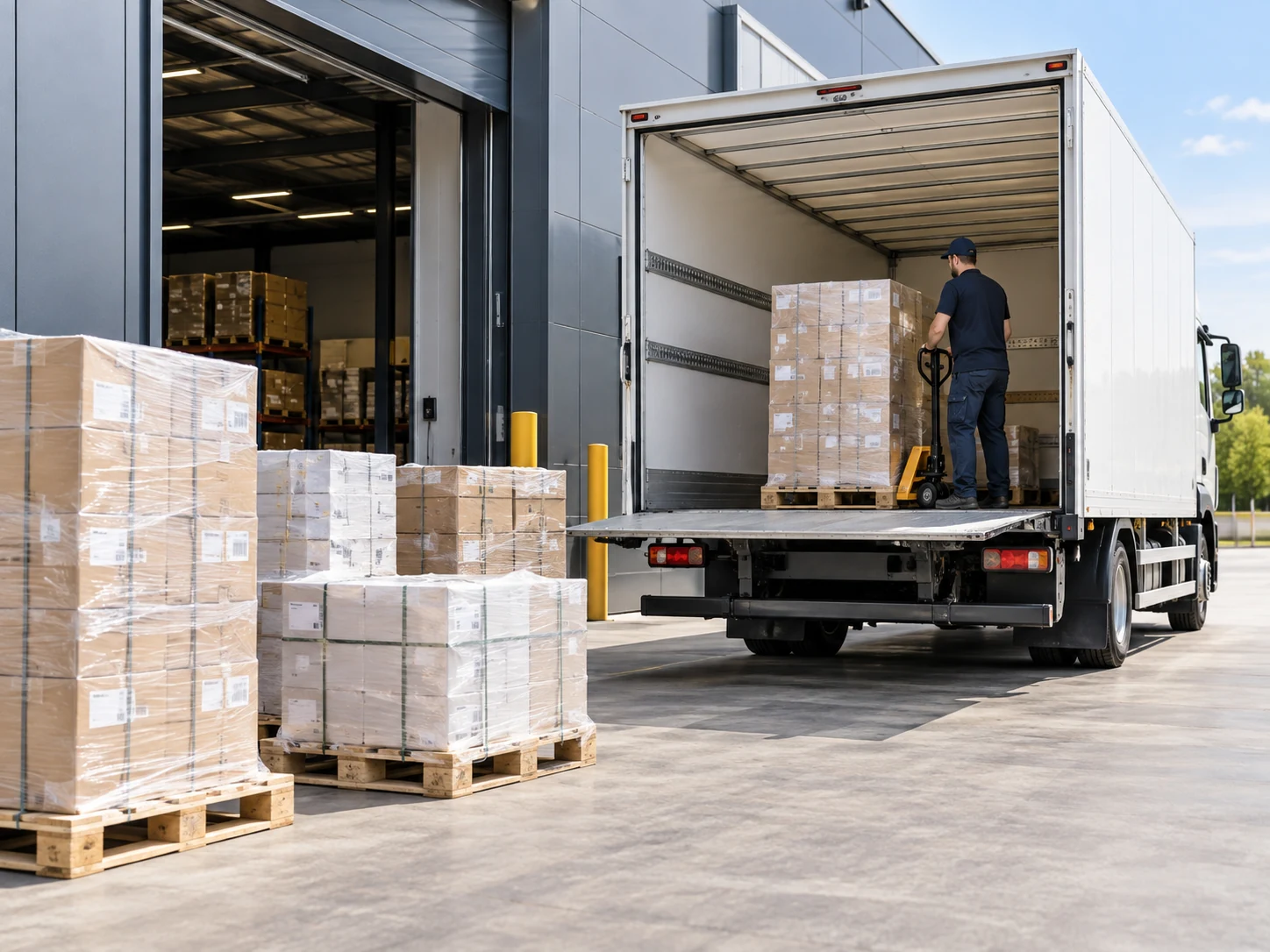 Palettes conditionnées prêtes au transport en camion fourgon