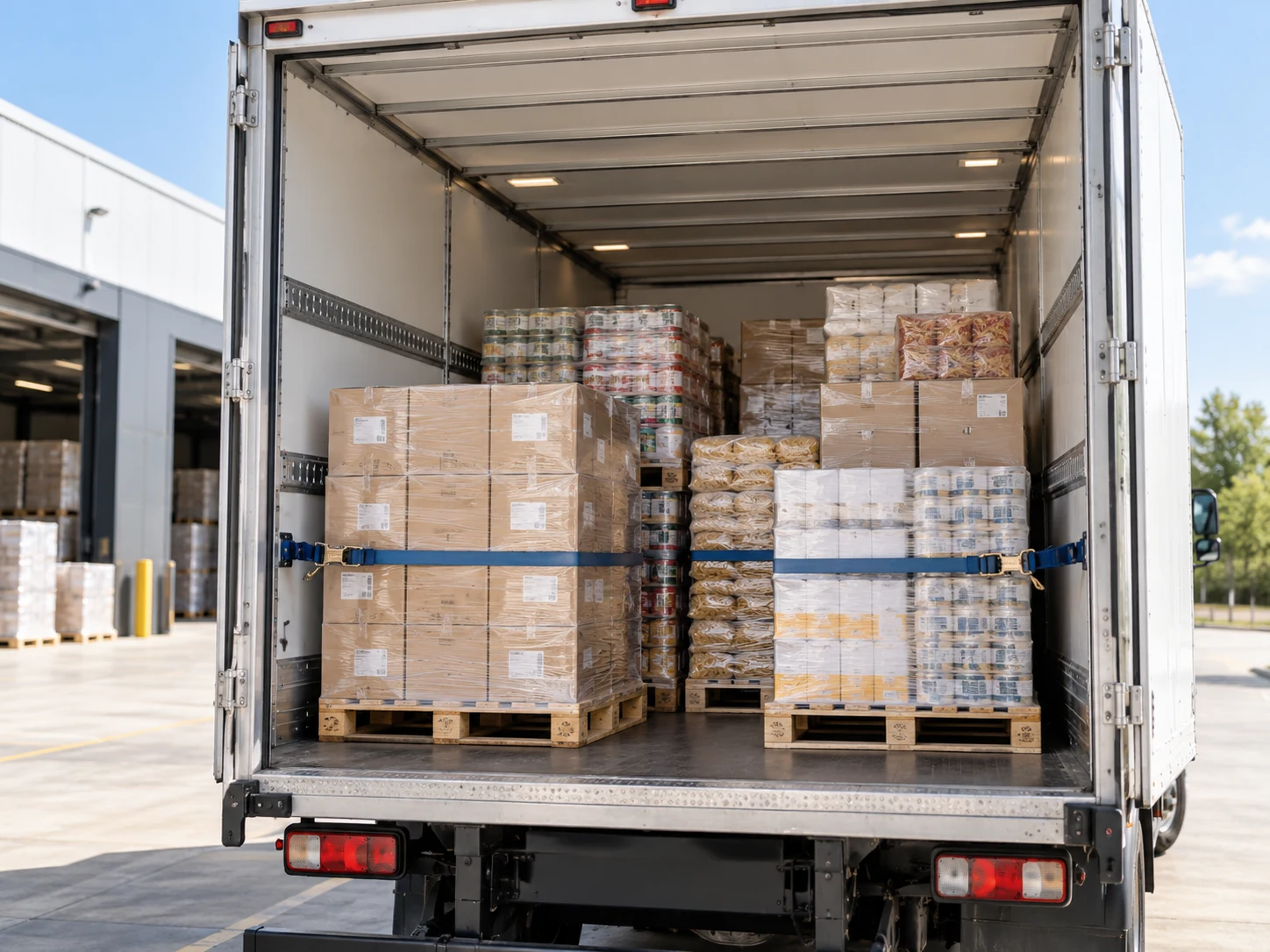 Palettes de produits alimentaires secs chargées dans un camion fourgon et protégées des intempéries