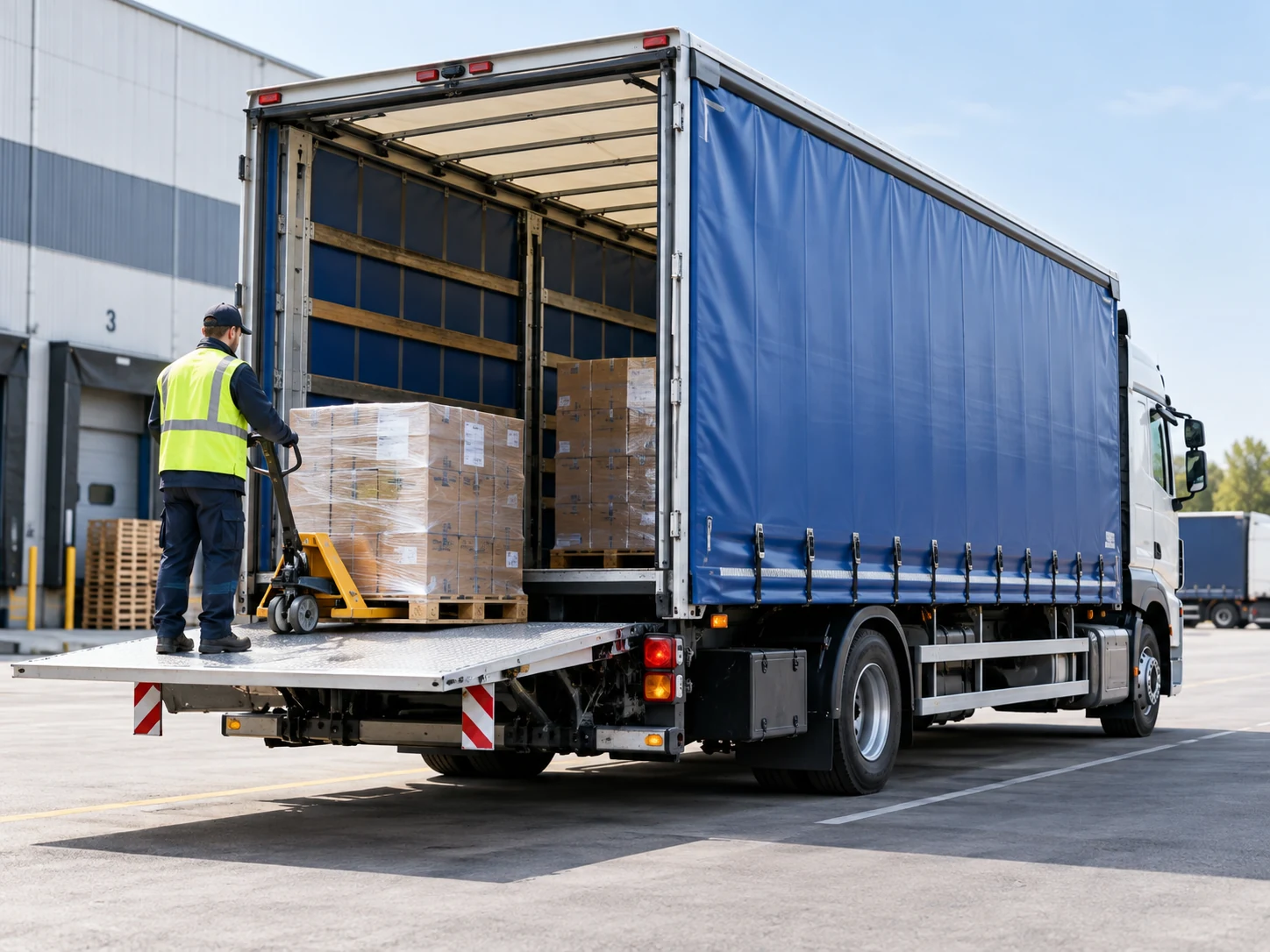 Camion bâché Tautliner équipé d’un hayon élévateur avec transpalette