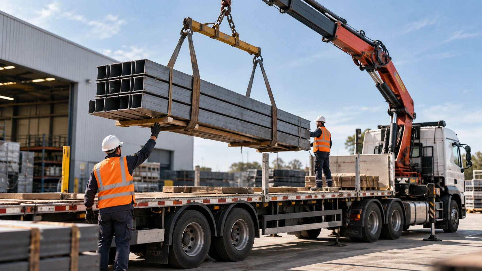 Opération de chargement sur camion plateau par grue ou pont roulant