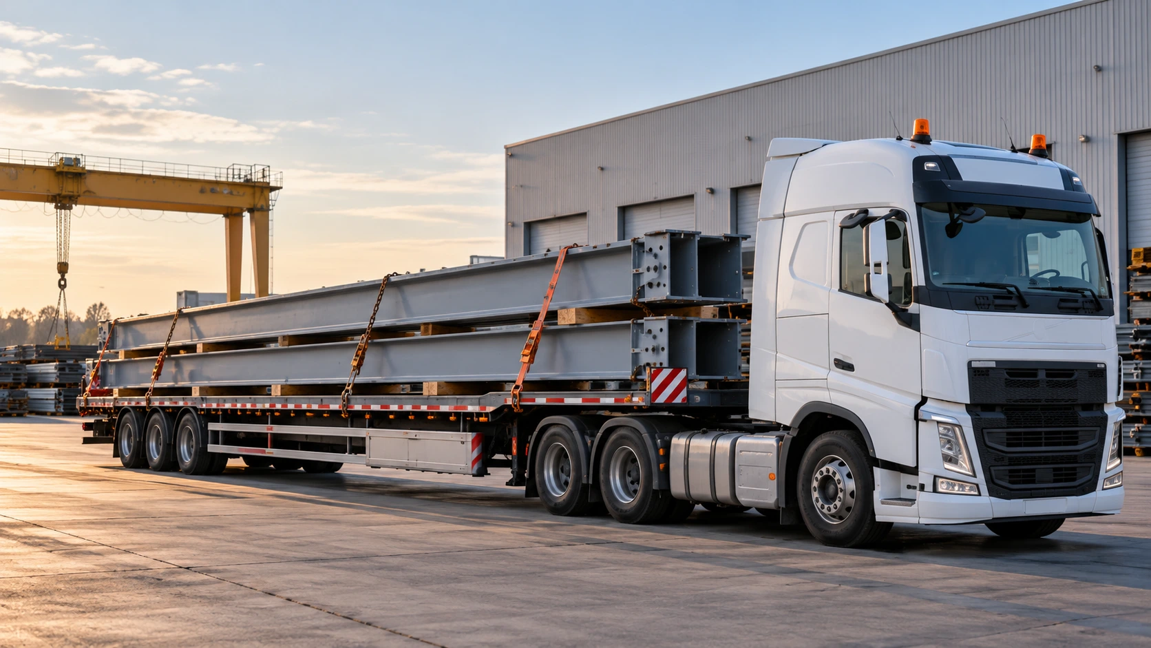Camion plateau transportant de longues poutres métalliques adapté aux charges longues ou hors gabarit standard