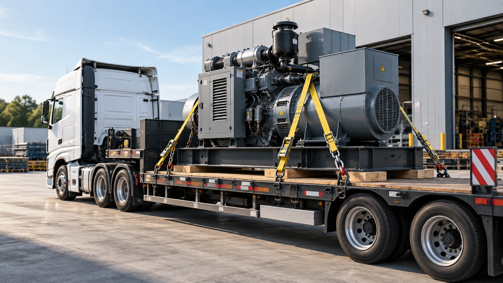 Camion plateau transportant une machine industrielle lourde correctement arrimée