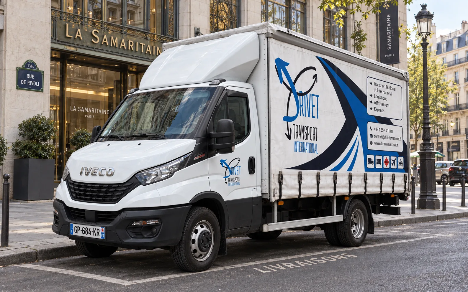 Camion bâché Drivet Transport International garé devant la Samaritaine à Paris