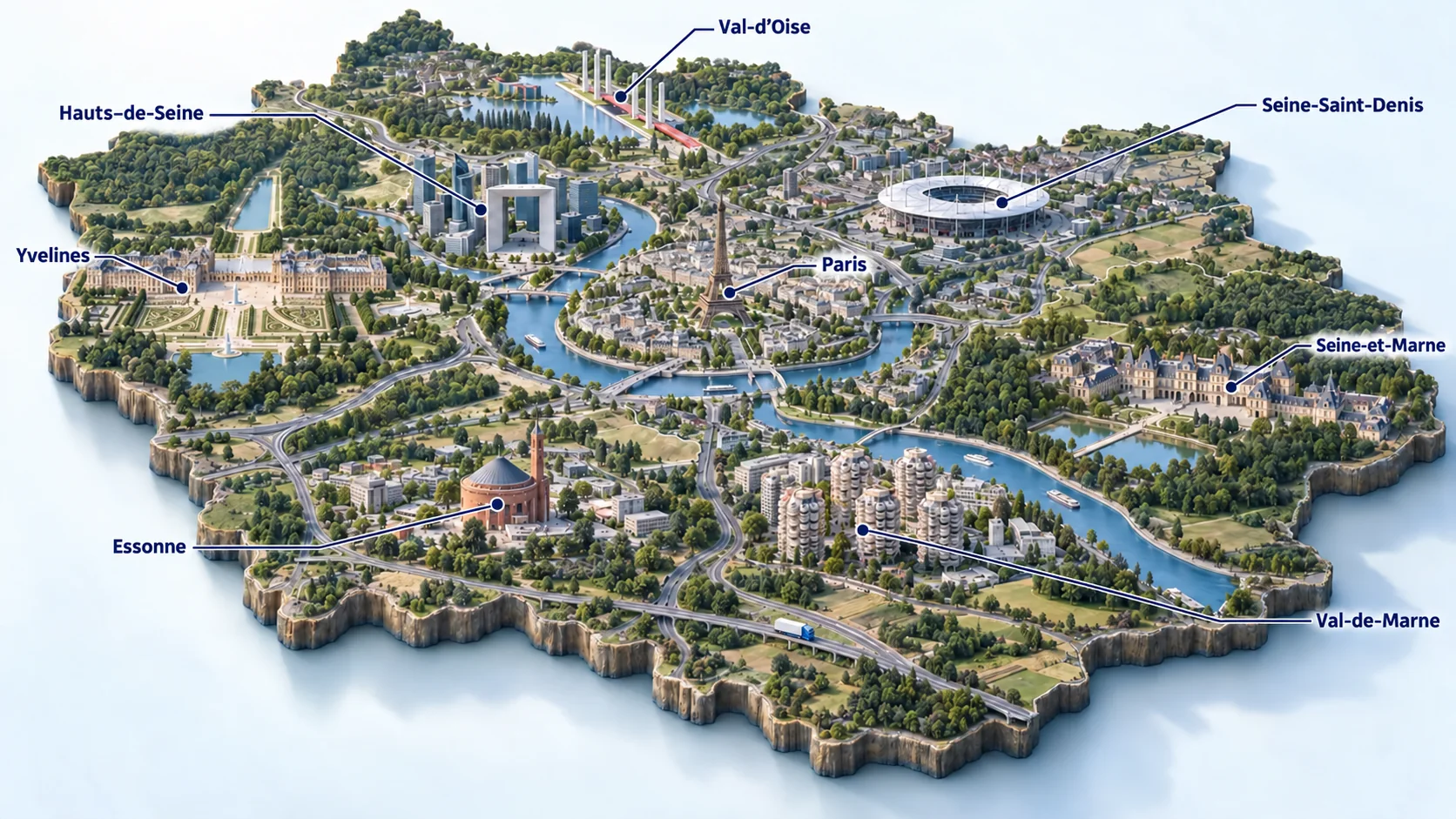 Maquette 3D annotée de l’Île-de-France et de ses huit départements
