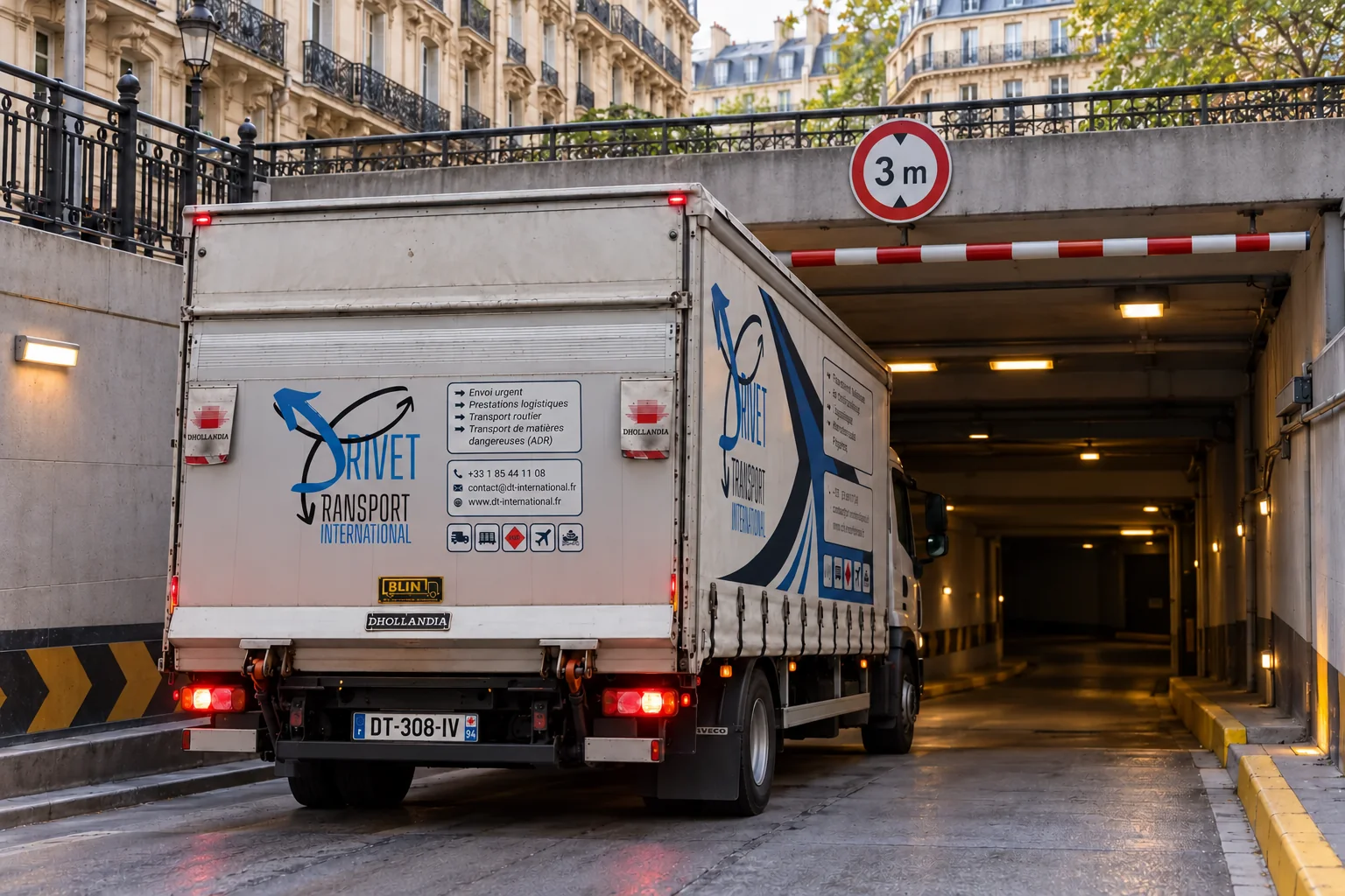 Camion bâché Drivet entrant dans un parking souterrain à Paris limité à 3 m