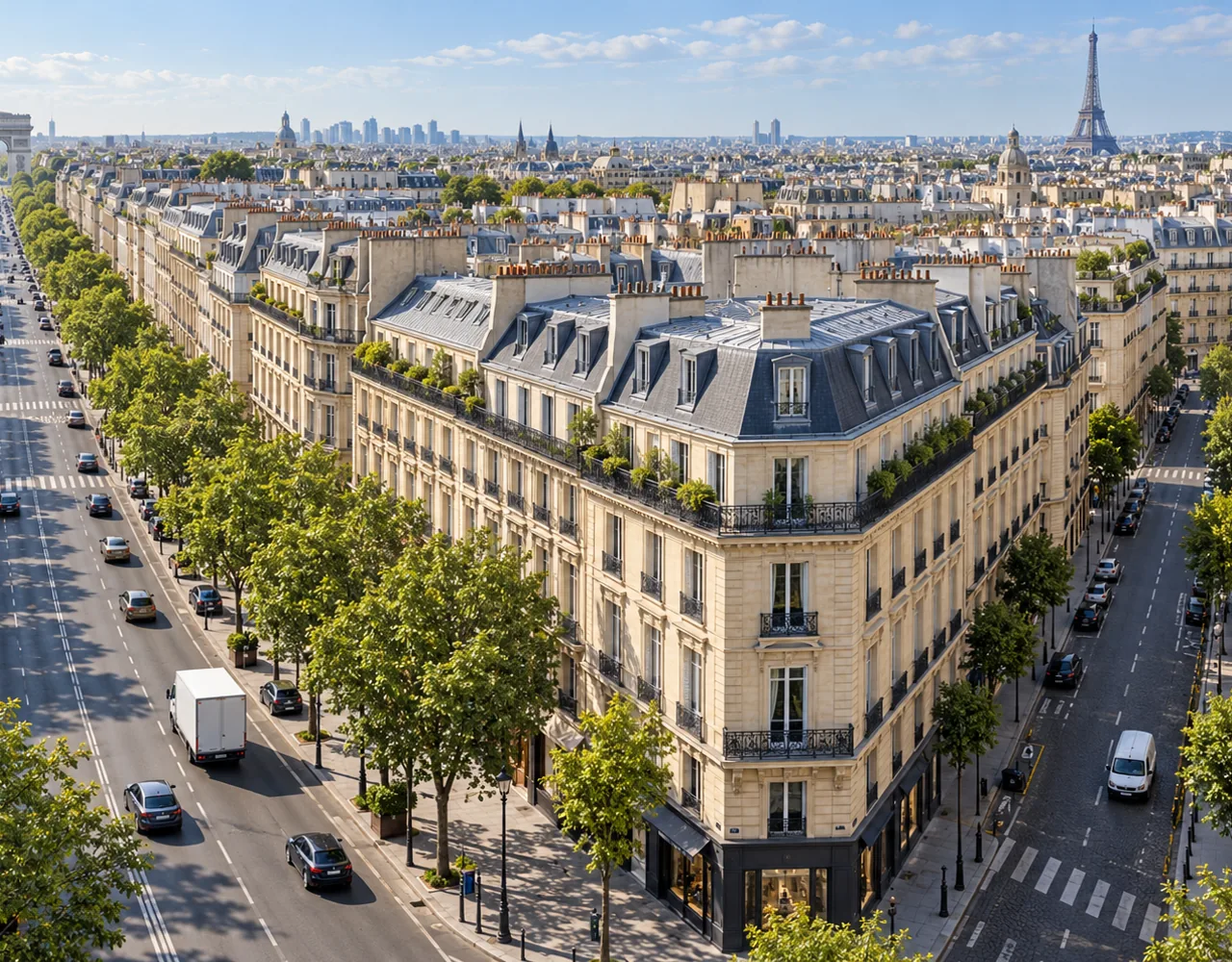 Vue aérienne 3D des rues de Paris avec des véhicules de livraison