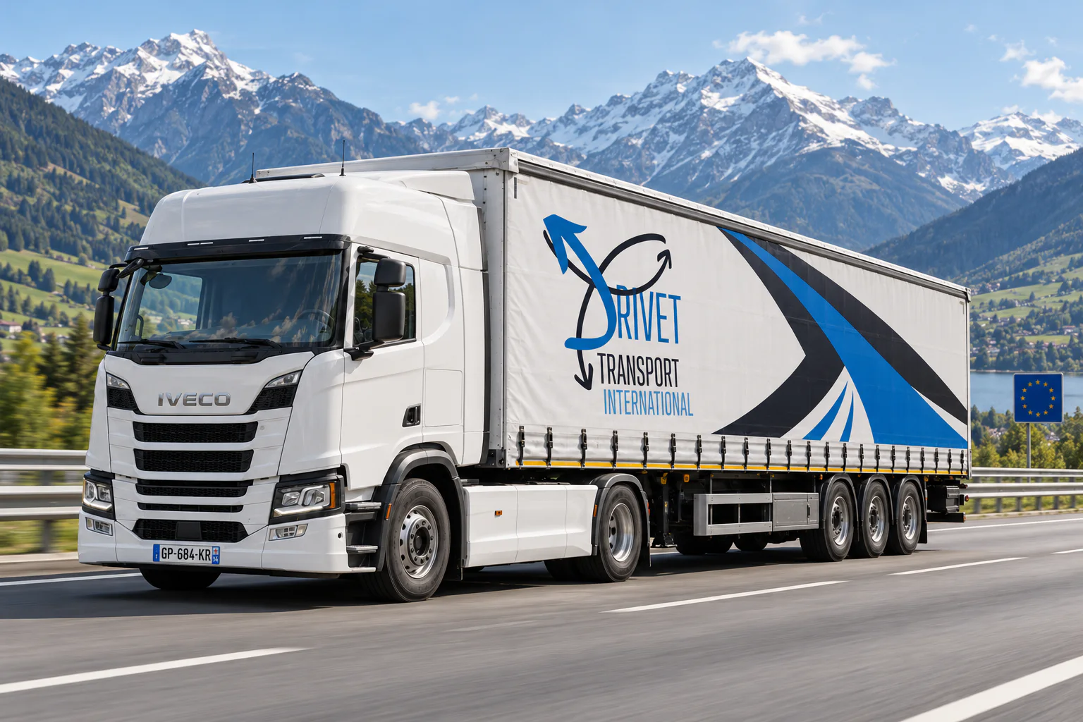 Semi-remorque Drivet Transport International circulant sur une autoroute européenne