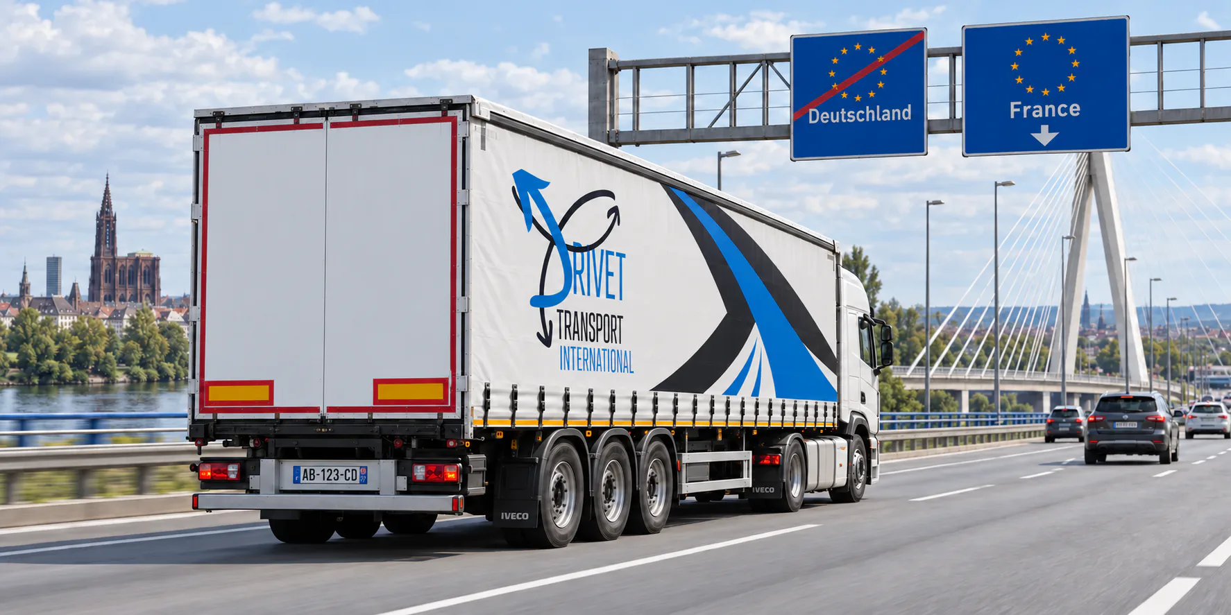 Semi-remorque Drivet franchissant la frontière entre l’Allemagne et la France