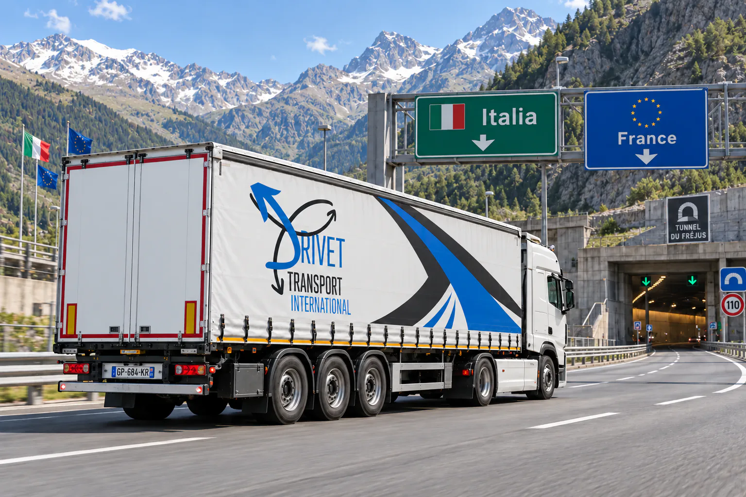 Semi-remorque Drivet franchissant la frontière entre l’Italie et la France